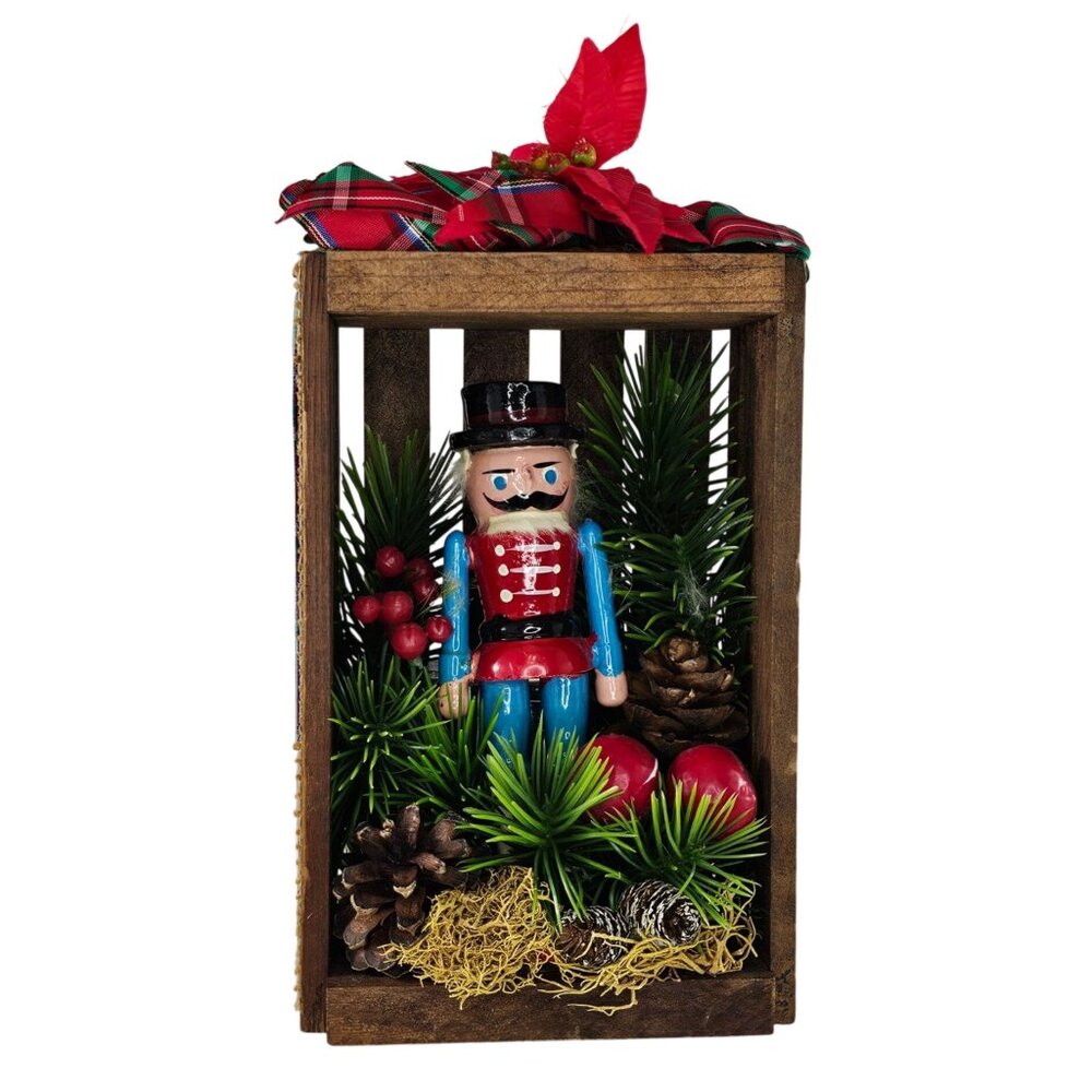Handcrafted Music Box Nutcracker Christmas Rustic Burlap Ribbon Naturart By June